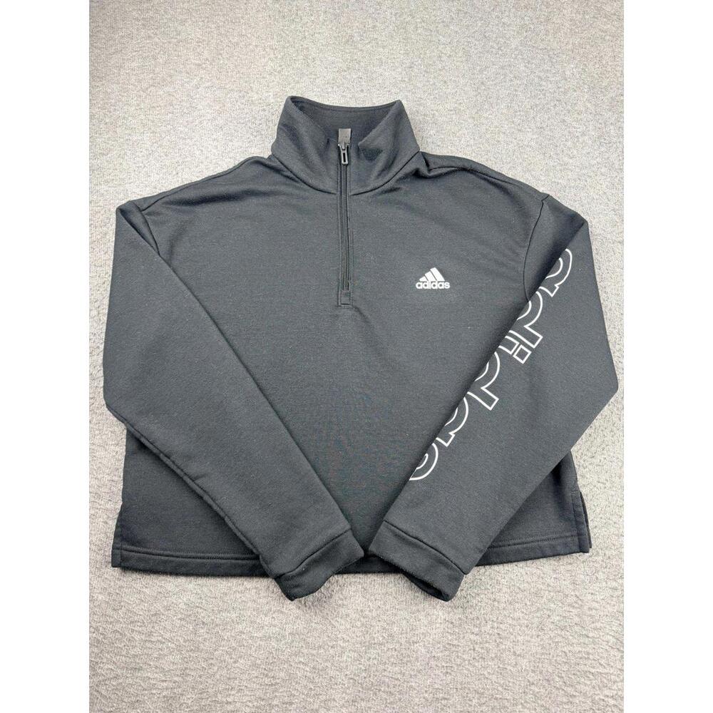 Adidas Essential Women's L Fleece Cropped 1/4 Zip Black Pullover Sweatshirt